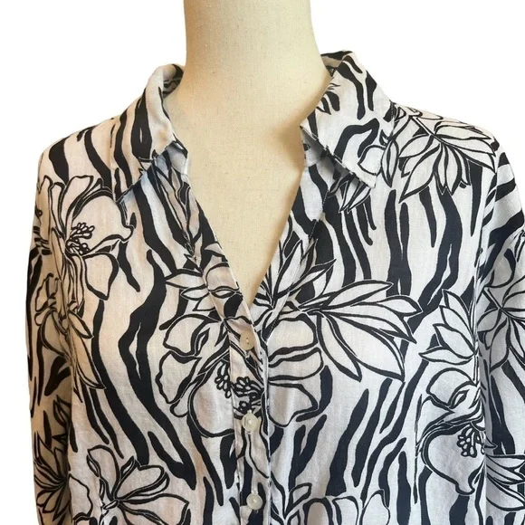 Abstract 100% Linen Floral Zebra Button Up Top Sz 18 2X Tropical Vacation Artsy - Picture 2 of 8